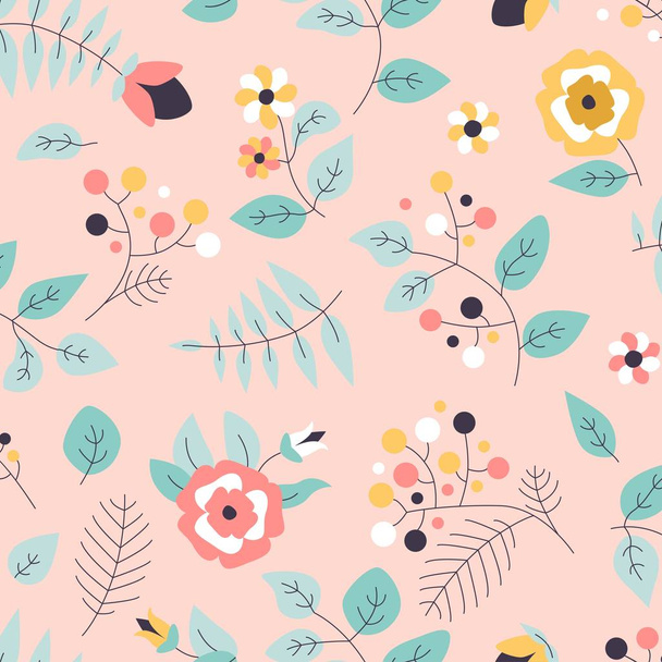 Seamless pattern with flowers and leaves. Vector spring template. Design for paper, cover, fabric, interior decor. - Vecteur, image