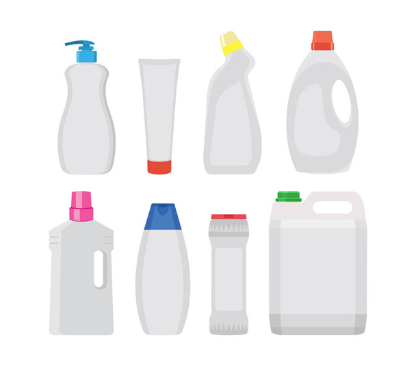 Set of detergent bottles or containers, cleaning supplies, washing powder icon. Vector illustration isolated on white background - Vector, Image