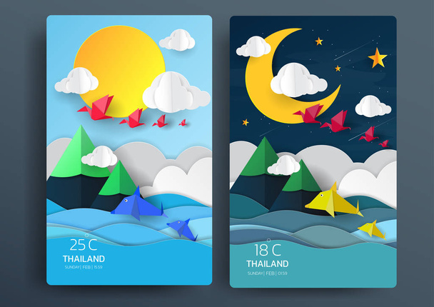Paper Origami concept. sea with day and night - Vector, Image