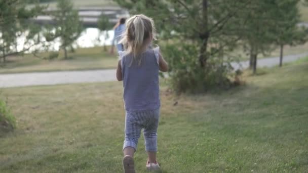 小さな女の子は彼女の両親に緑の芝生の上を歩く.  - 映像、動画