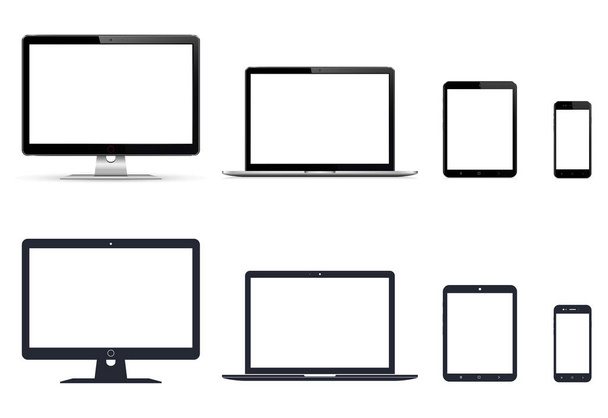 Reális monitor, laptop, tabletta, okostelefon és ikonok - Vektor, kép