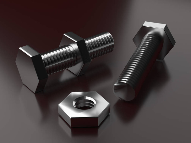 Shiny metal bolts with nuts on a burgundy background 3d renderin - Photo, Image