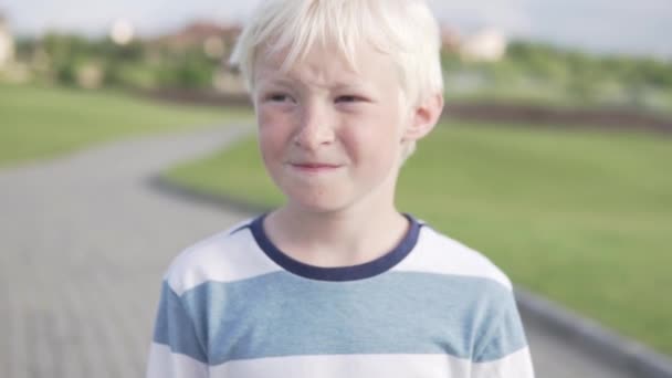 Egy csinos szőke fiú sétál át a parkban a nyári - Felvétel, videó