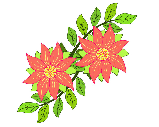 Two flowers of coral color with leaves - vector picture. Decoration of flowers and leaves. - Vector, Imagen