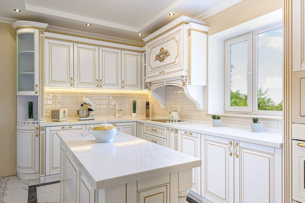 novoklasický styl luxusní kuchyňský interiér s ostrovem - Fotografie, Obrázek