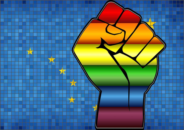 Puño brillante de protesta LGBT en una bandera de Alaska - Ilustración, mosaico abstracto de Alaska y banderas gay
 - Vector, imagen
