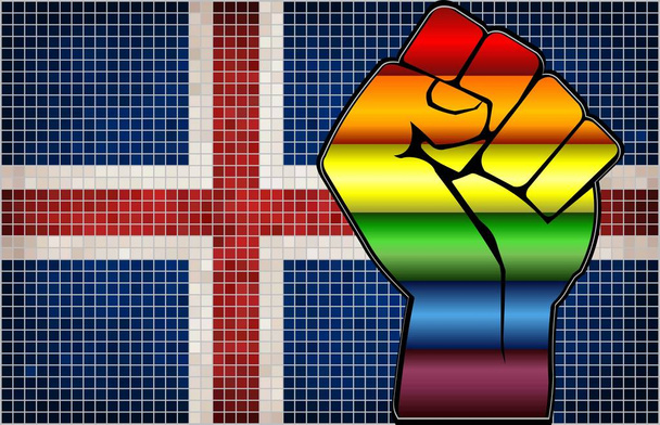 アイスランドの旗に光沢のあるLGBT抗議拳 - イラスト、抽象的なモザイクアイスランドとゲイの旗 - ベクター画像
