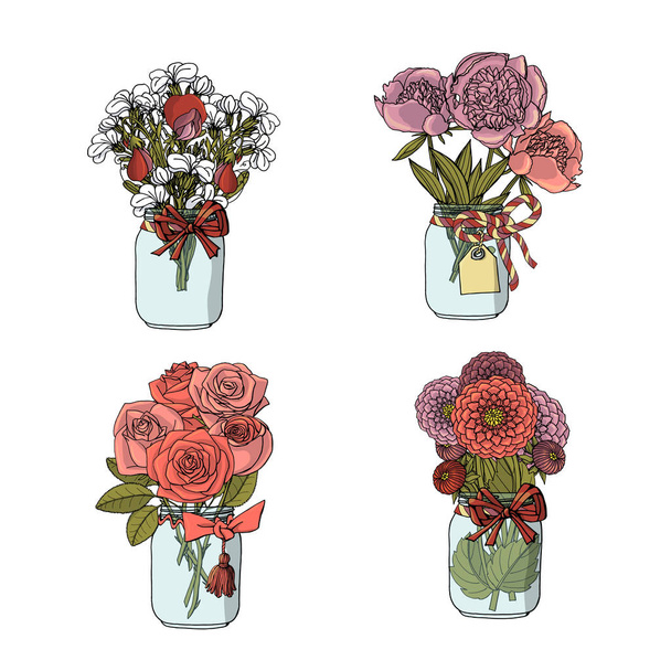 Bouquets de estilo doodle desenhado à mão de flores diferentes: rosa, dahl
 - Vetor, Imagem