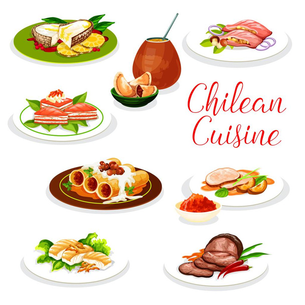 チリの肉パイエンパナダ、焼き魚とパスタ - ベクター画像