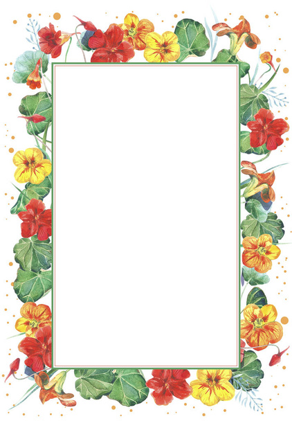 Watercolor frame template with nasturtium flowers. Hand drawn watercolor illustration. - Photo, image