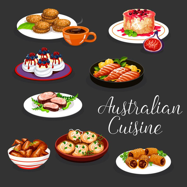 Australian meat and fish with vegetables, desserts - Vector, Image