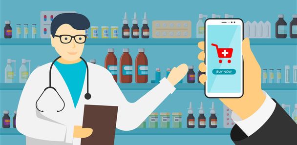 Online pharmacy mobile app. Hand holding smartphone and pharmacist doctor in glasses and medications pills capsules bottles vitamins and tablets on interior store shelves. Vector illustration - Vector, Image