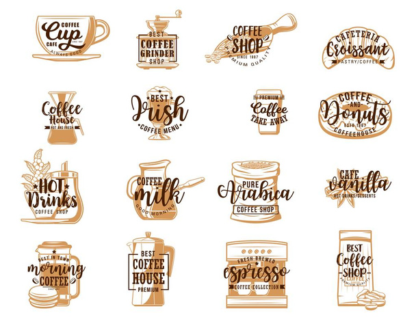 Koffie kopje, espressomachine, pot, mok, croissant - Vector, afbeelding
