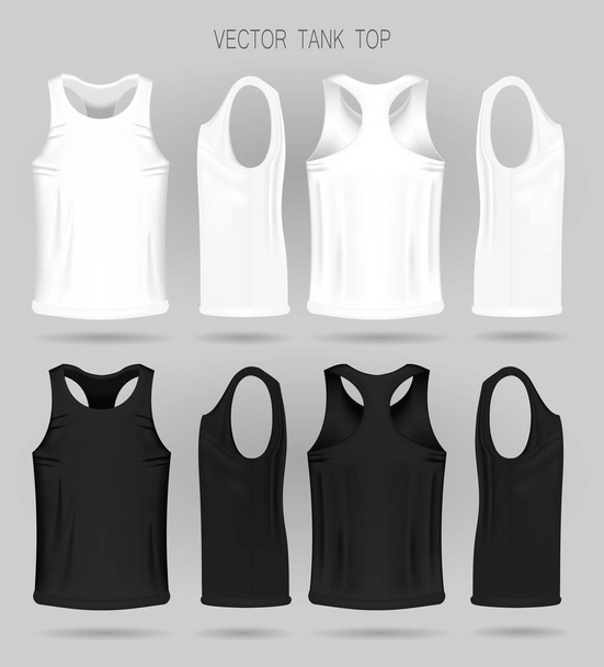 Mens white and black tank top template in three dimensions: front, side and back view. - Διάνυσμα, εικόνα