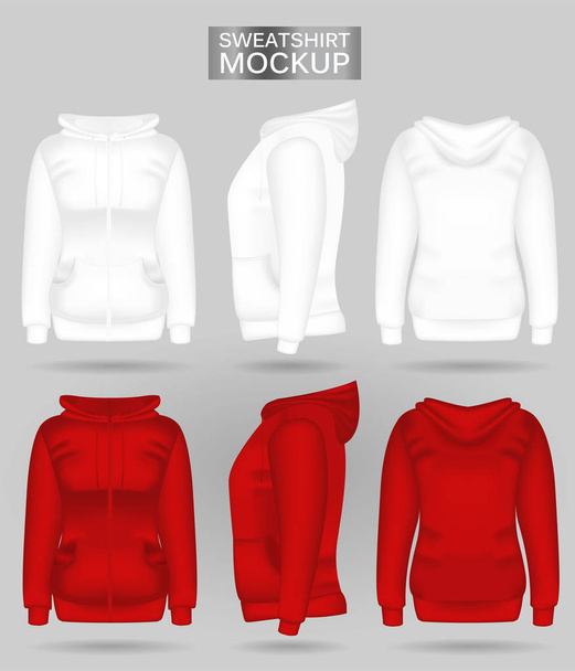 Blanker weißer und roter Sweatshirt Kapuzenpulli für Frauen vorne, hinten und seitlich. Realistische Frauenkleidung - Vektor, Bild
