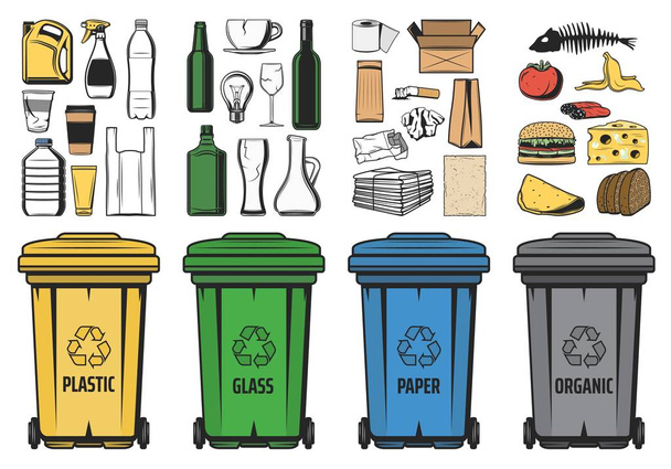 Afvalbakken van gesorteerde vuilnis, Prullenbak voor recycling - Vector, afbeelding