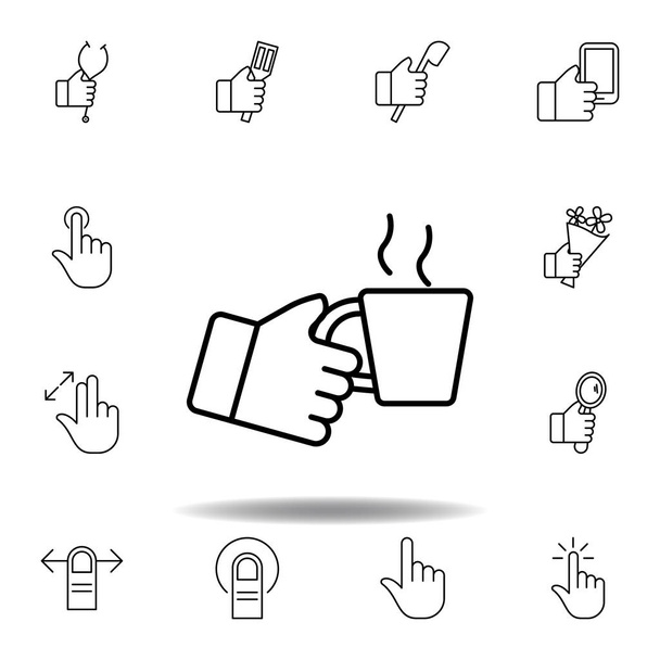 mão segurando ícone de contorno copo. Conjunto de mão gestos ilustração. Sinais e símbolos podem ser usados para web, logotipo, aplicativo móvel, UI, UX
 - Vetor, Imagem