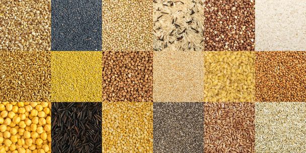 Grande collection de différentes céréales et graines comestibles
 - Photo, image