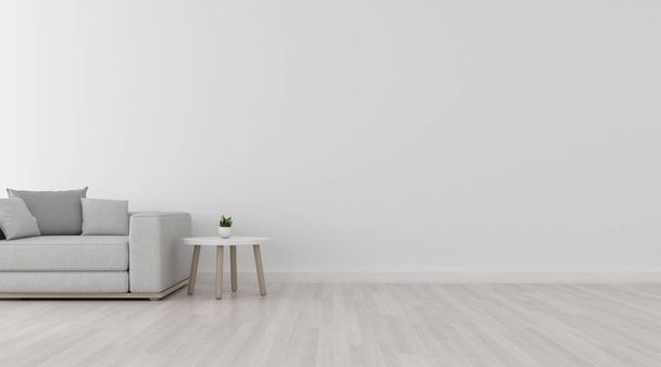 Blick auf das weiße Wohnzimmer im minimalistischen Stil mit Sofa und kleinem Beistelltisch auf Laminatboden. Perspektive der Innenarchitektur. 3D-Darstellung. - Foto, Bild