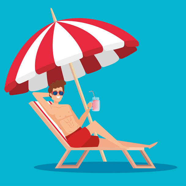hombre en la silla de bronceado con bebida de jugo y paraguas
 - Vector, Imagen