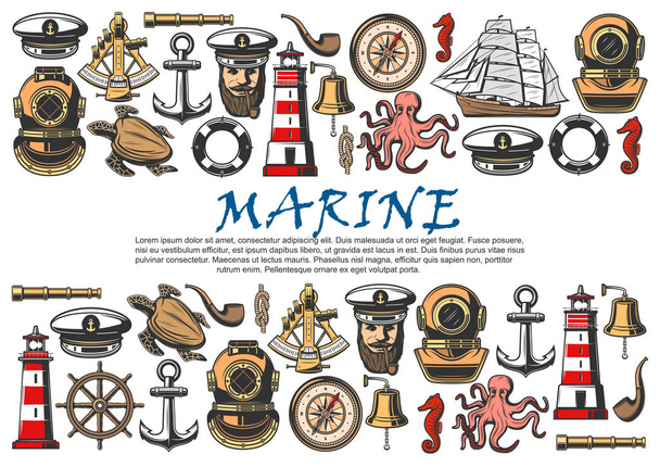 Sea ship, nautical anchor, sailor, boat helm - Vektor, obrázek