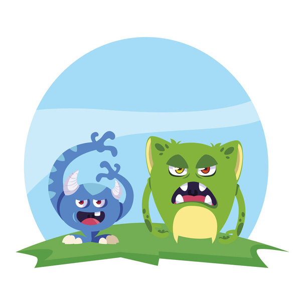 divertido monstruos pareja en el campo personajes colorido
 - Vector, Imagen
