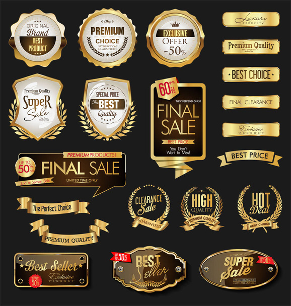 Golden labels shields and ribbons retro collection - Vector, Image