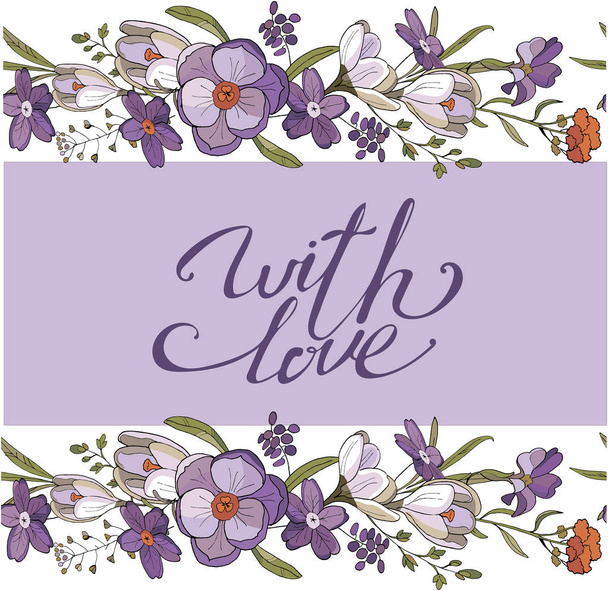 Seamless brush and wreath of Crocus flowers in vector on white background - Vektor, obrázek