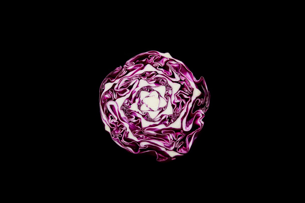 top view of fresh organic red cabbage isolated on black - Photo, Image