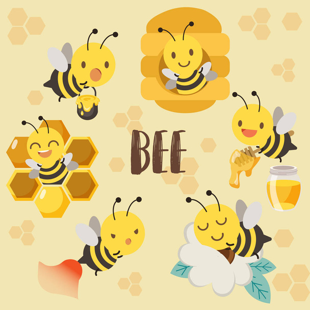 かわいいキャラクターミツバチ、ミツバチの巣、ミツバチ、花の上で眠っている蜂 - ベクター画像