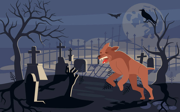 El mítico hombre lobo corre por el terrible cementerio
 - Vector, Imagen