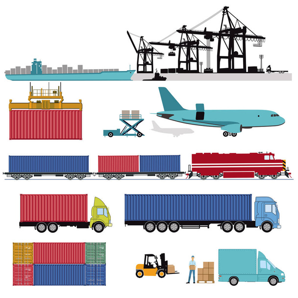 Εμπορικός λιμένας με εμπορευματικό τρένο, φορτηγό και πλοίο μεταφοράς εμπορευματοκιβωτίων - Διάνυσμα, εικόνα
