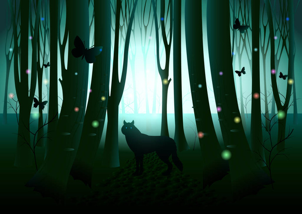 暗いファンタジーの森のオオカミのシルエット - ベクター画像