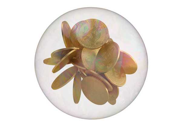 Біткоїн з бульбашкою ізольовано на білому тлі. 3D ілюстрація
 - Фото, зображення