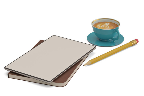 Business Workplace concept Tablet PC met koffie geïsoleerd op WHI - Foto, afbeelding