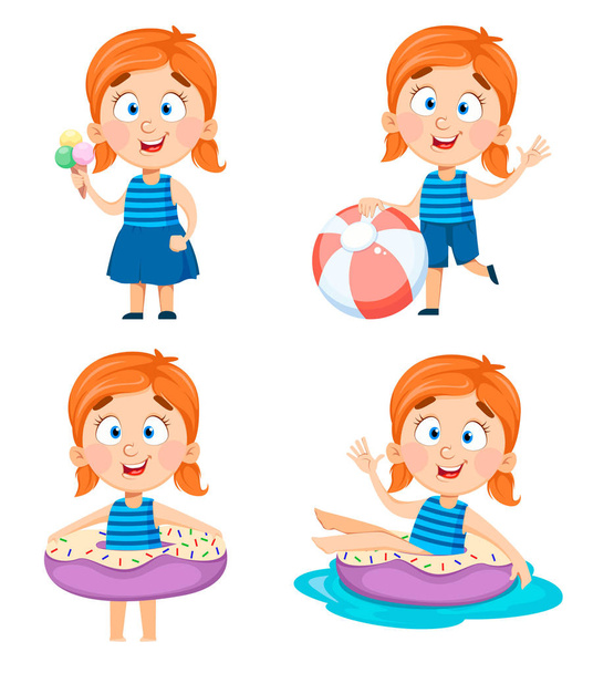 Cute little girl, set of four poses - Vector, Image