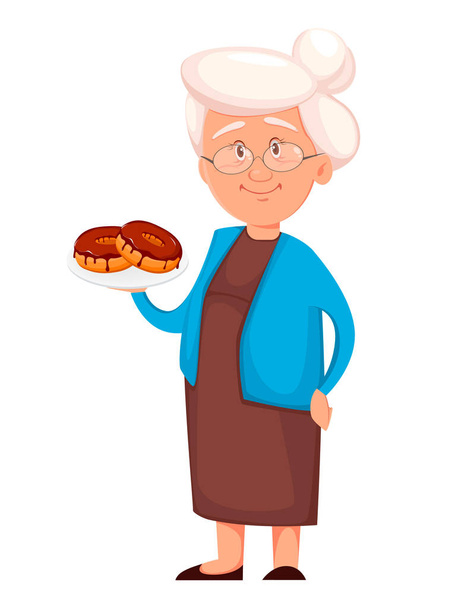 Η γιαγιά που κρατά νόστιμα ντόνατς - Διάνυσμα, εικόνα