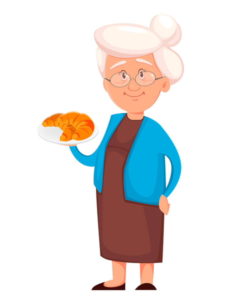 Grootmoeder met heerlijke croissants - Vector, afbeelding
