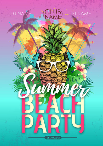 Summer beach party disco poster with pineapple and tropic leaves - ベクター画像
