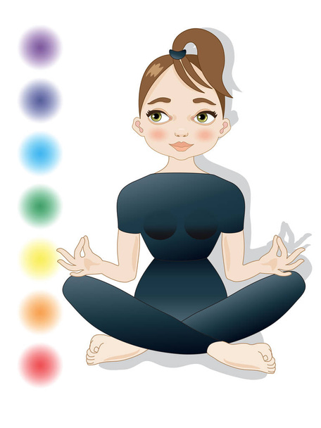 Female figure in yoga position with the colors of the chakra symbols - Vector, Image