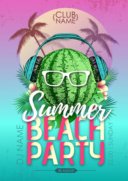 Summer beach party disco poster with watermelon and tropic leaves - Vektor, obrázek
