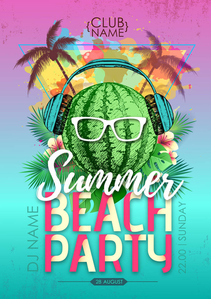 Summer beach party disco poster with watermelon and tropic leaves - Vector, Imagen