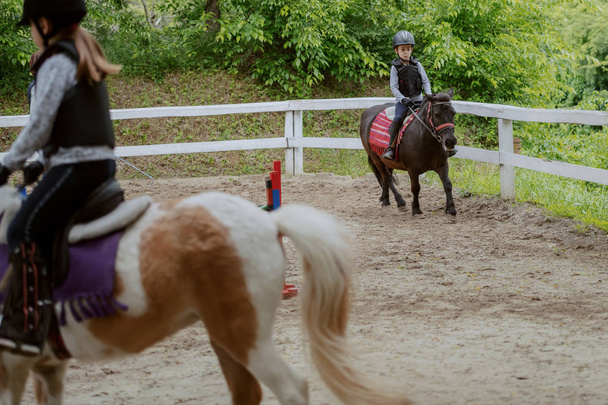 Παιδιά με κράνη και προστατευτικά γιλέκα για ιππασία πόνυ άλογα σε ηλιόλουστη μέρα στο ράντσο. - Φωτογραφία, εικόνα