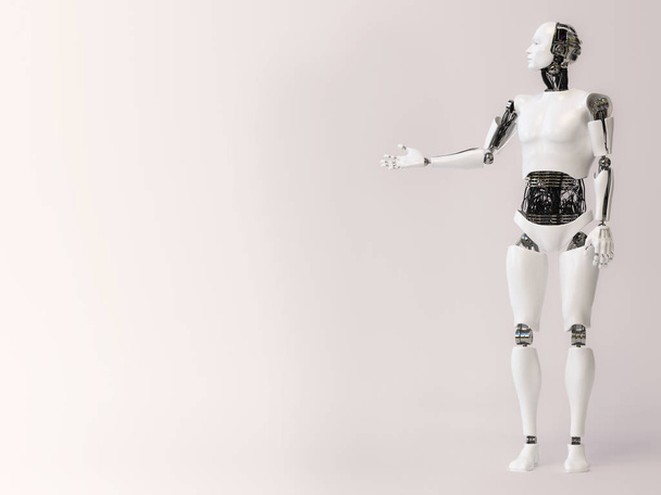 3D απόδοση του αρσενικού ρομπότ παρουσιάζοντας κάτι. - Φωτογραφία, εικόνα