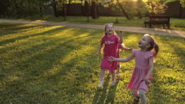 気泡の送風機に囲まれた庭で緑の草の上を走る手で持っている3人の小さな女の子 - 映像、動画