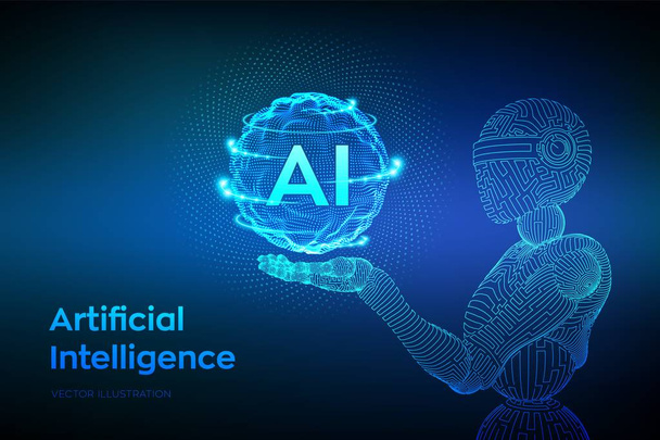 AI. Artificial intelligence. Wireframe robot. AI in robotic hand. Machine learning and cyber mind domination concept. Technology sci-fi concept. Graphic design concept of future. Vector illustration. - Vettoriali, immagini
