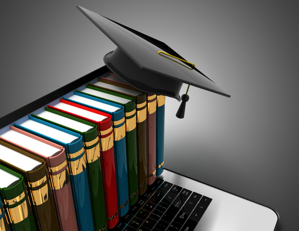 Libros y la tapa de graduación en el concepto de e-learning 3d portátil. 3D il
 - Foto, Imagen