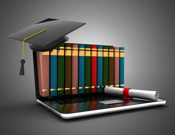 Βιβλία και καπάκι αποφοίτησης σε φορητό υπολογιστή-e-μάθηση 3D concept. 3D Il - Φωτογραφία, εικόνα