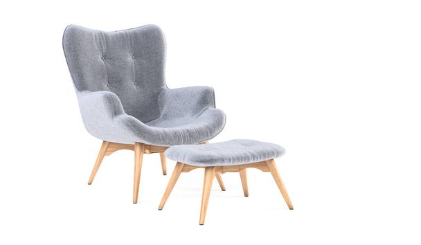 Fashionable modern gray armchair with wooden legs, ottoman isolated on white background. Furniture, interior object, stylish armchair. Single piece of furniture. Scandinavian style armchair - Foto, Imagem