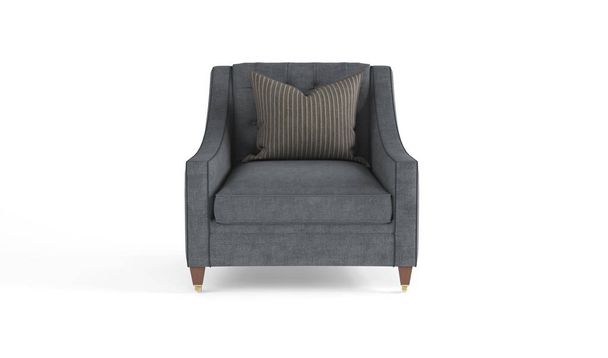 Classic modern gray armchair with wooden legs, quilted back with striped pillow isolated on white background. Furniture, interior object, stylish armchair. Single piece of furniture. - Φωτογραφία, εικόνα